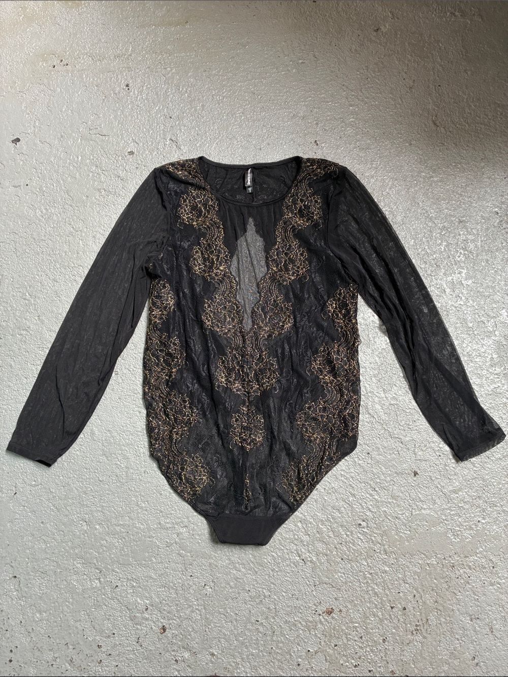Torrid Black Long-Sleeve Lace Bodysuit with Gold Embroidery